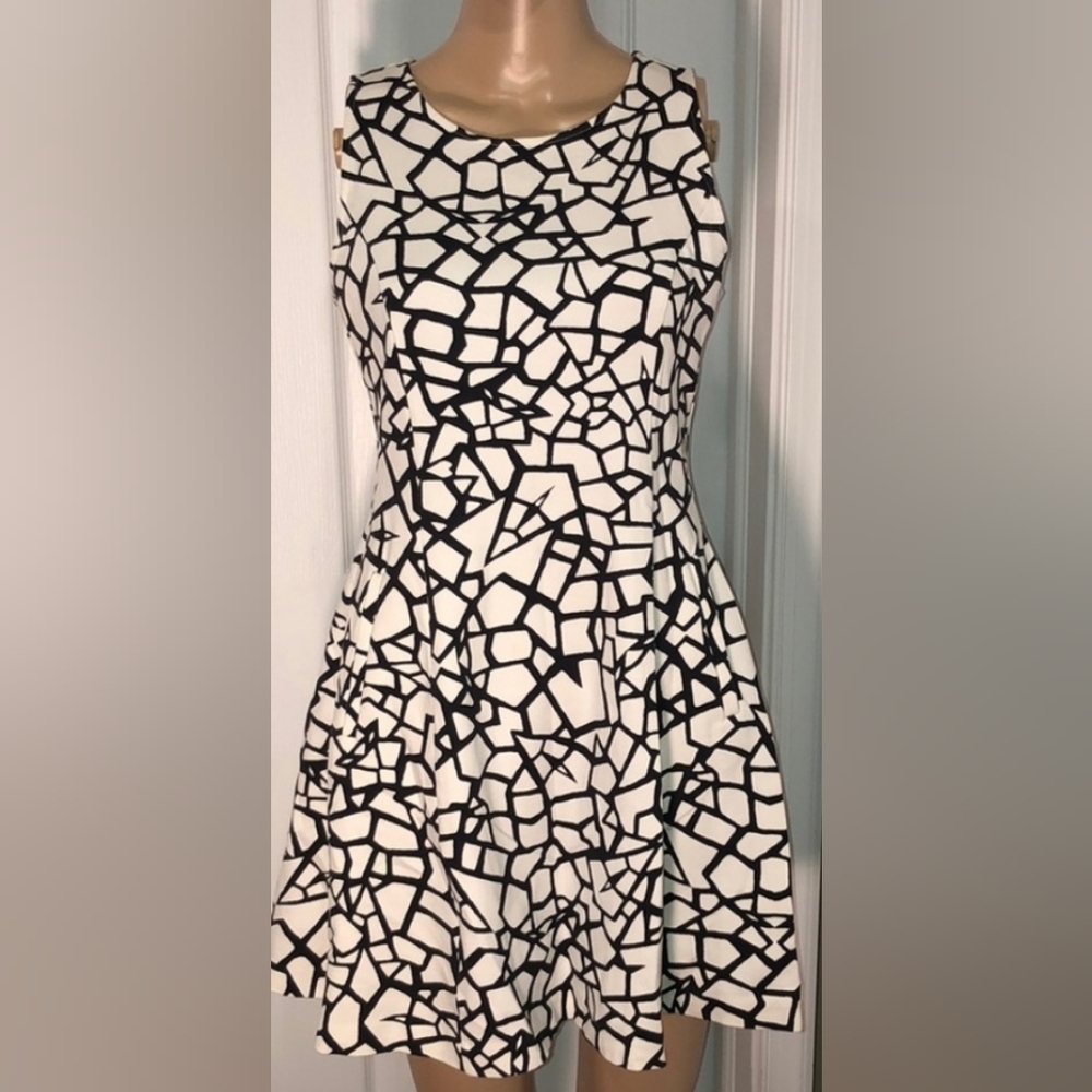 DKNY Sleeveless Black & White Geometric Fit-and-Flare Dress
